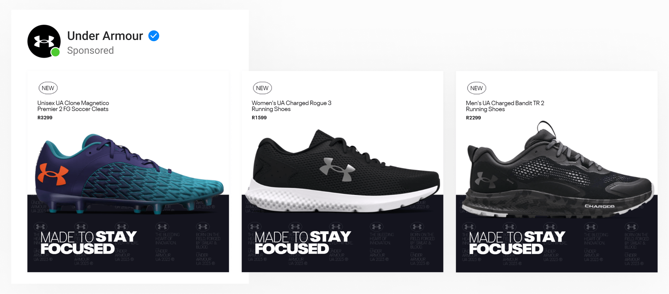 A dynamic catalog ad by sportswear brand Under Armour using custom backgrounds showing product name, price & a tagline.