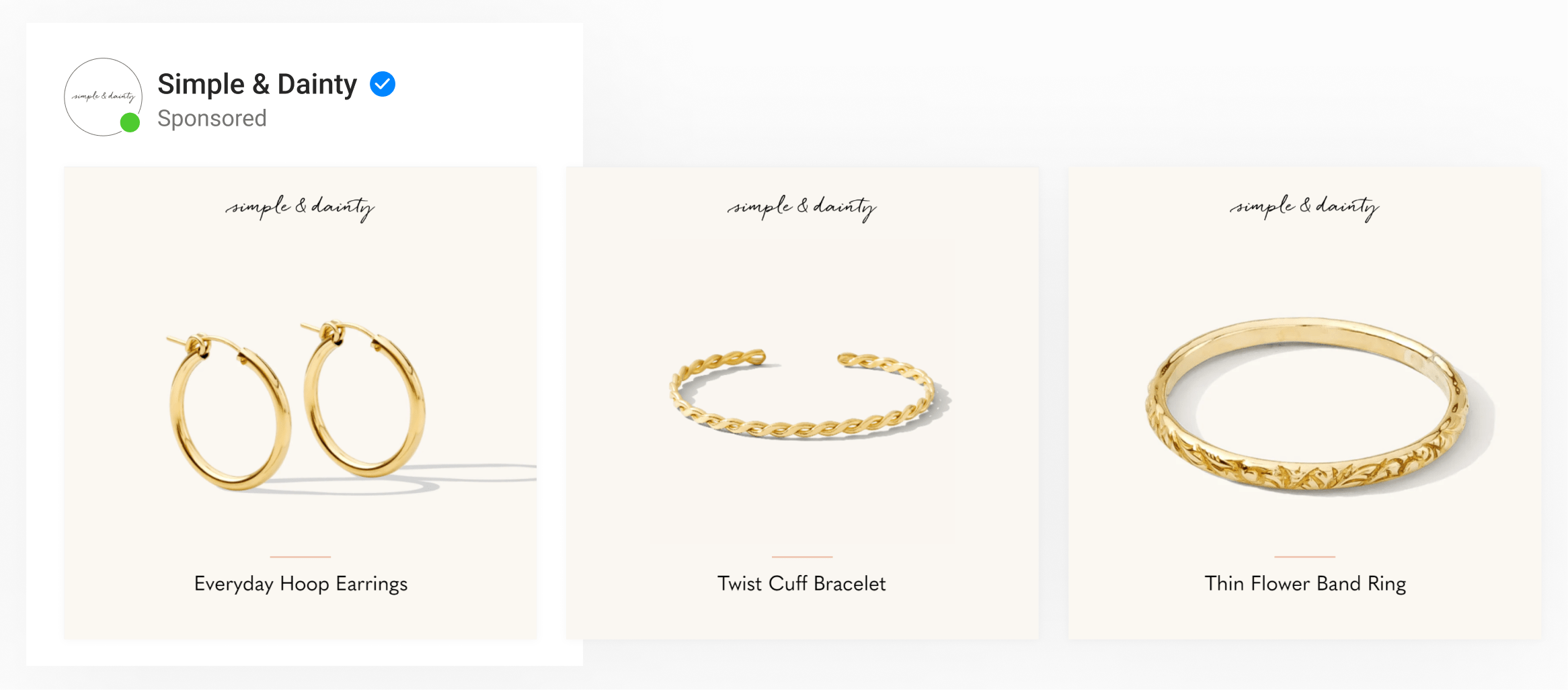 A dynamic ad by jewelry brand Simple & Dainty with perfectly fit product images, brand logo and product titles.