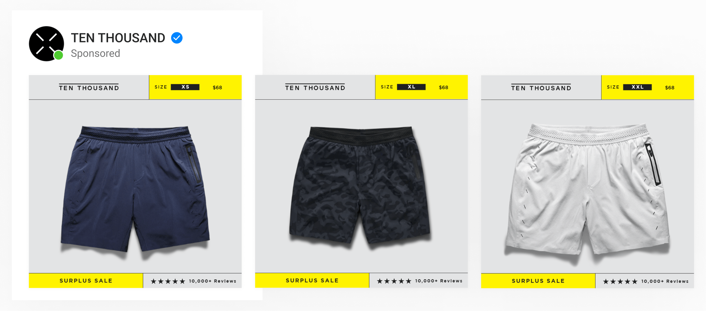 A dynamic catalog ad by athleisure brand using product images with product size, price, sale offer & review count.