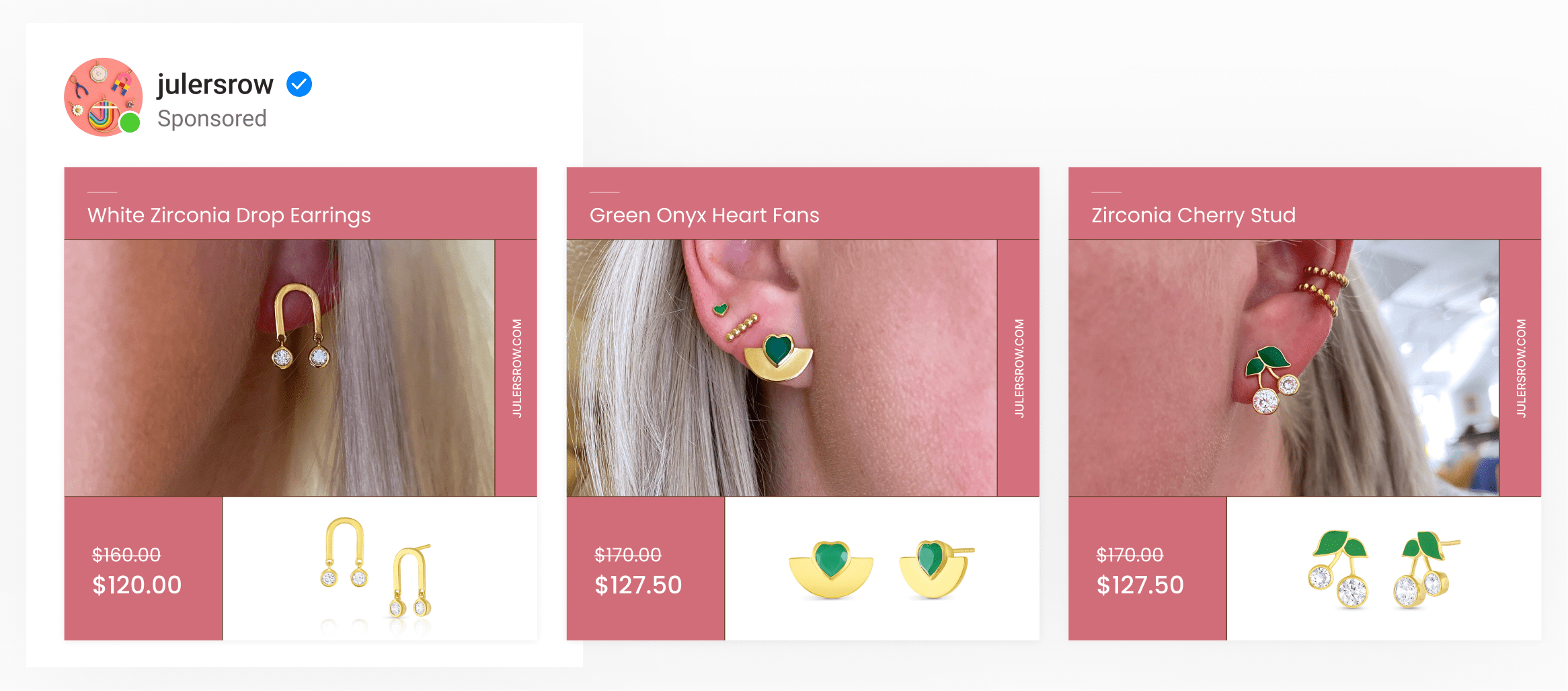 A dynamic catalog ad by jewelry brand showing 2 images, lifestyle and product images, with cut price & product title mapped.