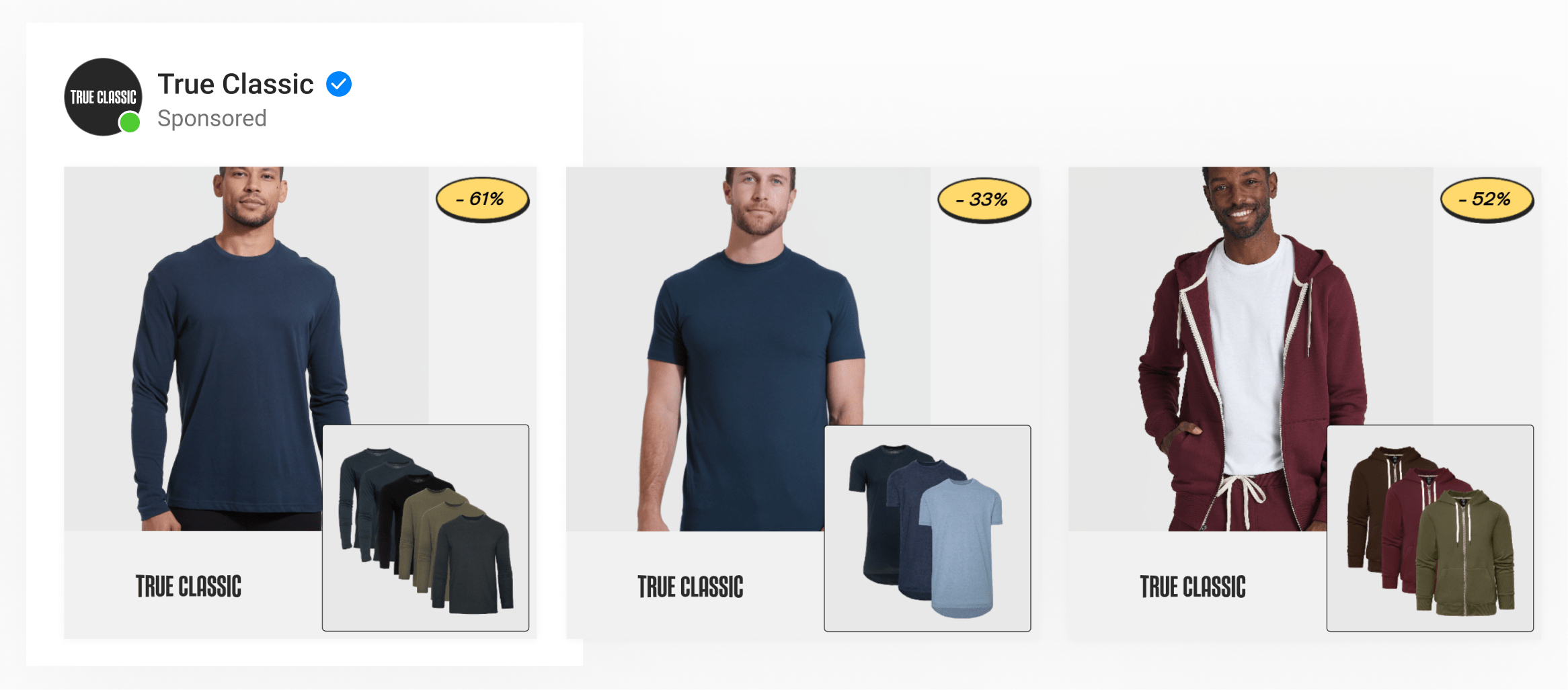 A dynamic catalog ad by men's apparel brand True Classic with 2 images, discount percentage and brand logo.