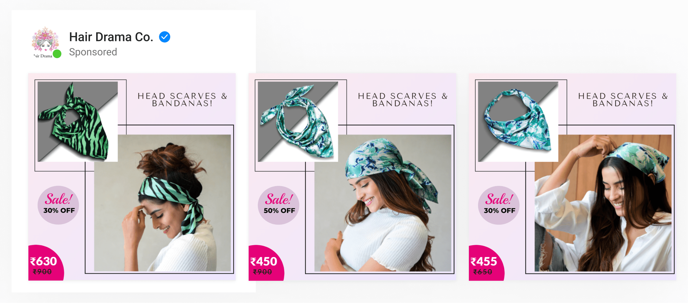 A 2-image pink-colored template by an accessories brand with a lifestyle photo & a product image. Includes the sale price.