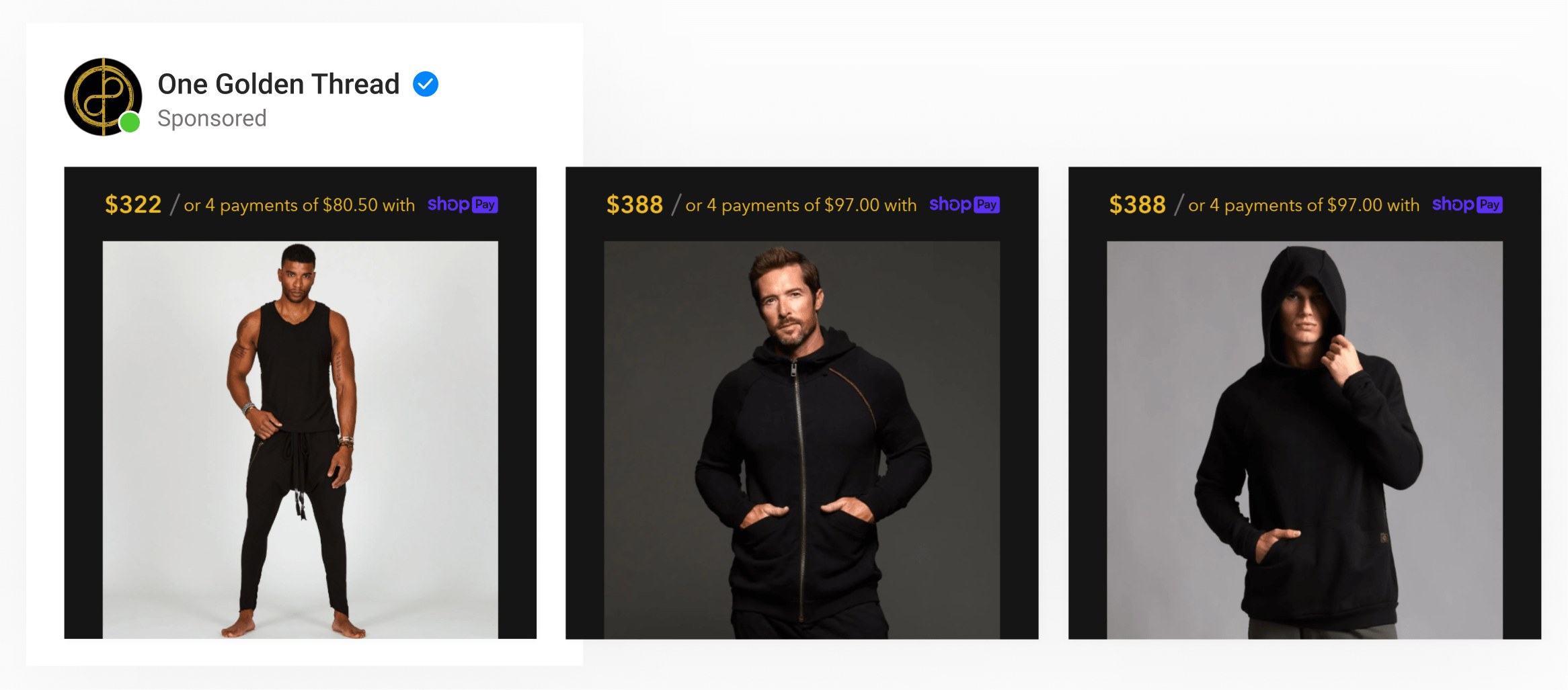 A dynamic catalog ad by athleisure brand One Golden Thread using lifestyle images with brand logo, product price & BNPL offers