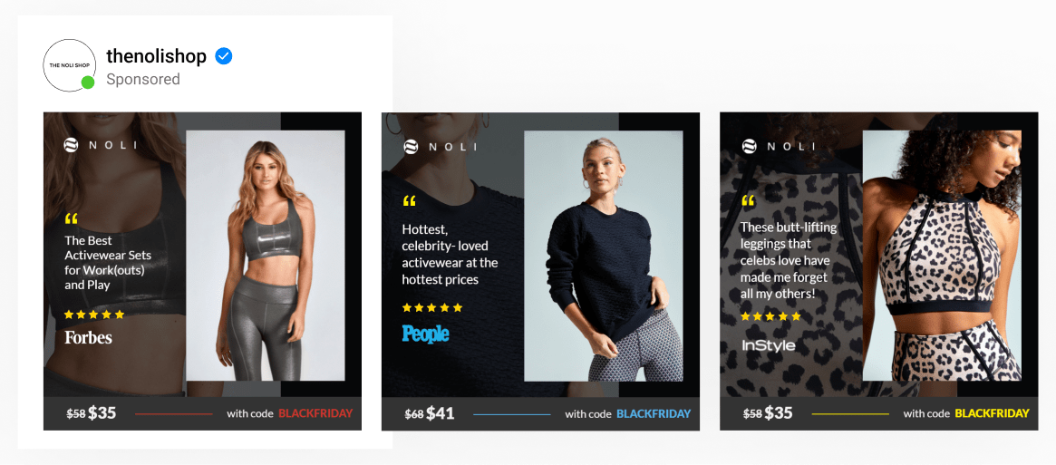 A dynamic catalog ad by athleisure brand with lifestyle images next to changing PR quotes, discounted pricing & coupon codes