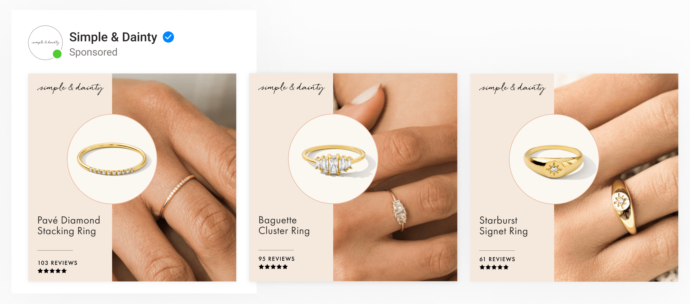 A dynamic ad by jewelry brand Simple & Dainty highlighting two images, product titles and total user review count.