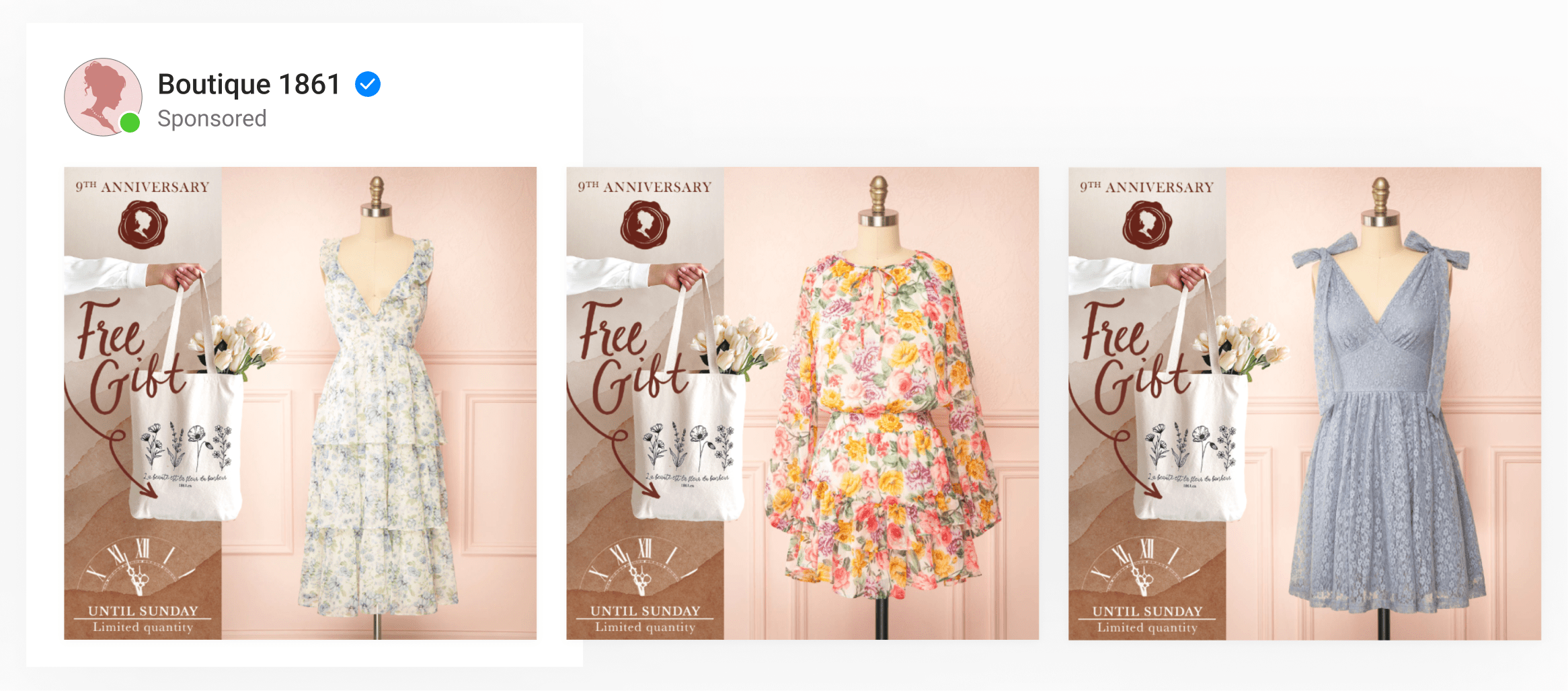 A dynamic catalog ad by clothing boutique with anniversary-themed design, FOMO messaging & limited quantity.