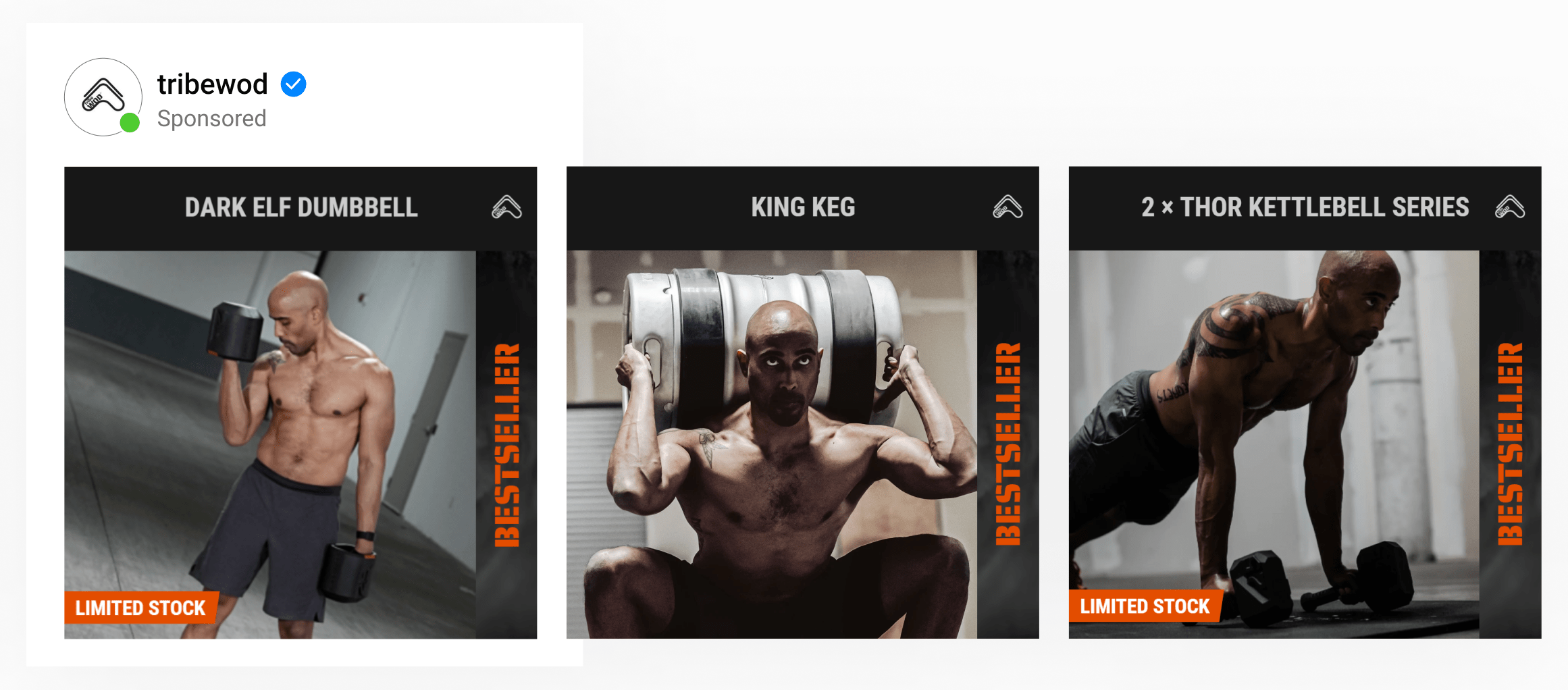 A dynamic catalog ad by sports equipment brand Tribe Wod with perfectly fit lifestyle images, bestseller copy & product title