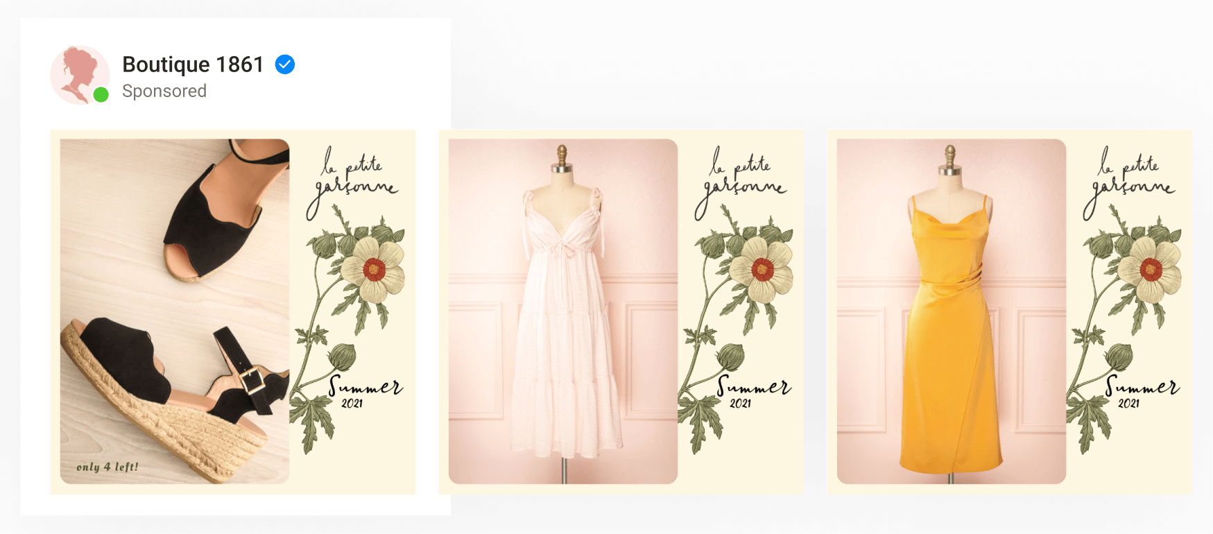 A dynamic catalog ad by clothing boutique using summer-themed, floral frames with inventory automation overlaid