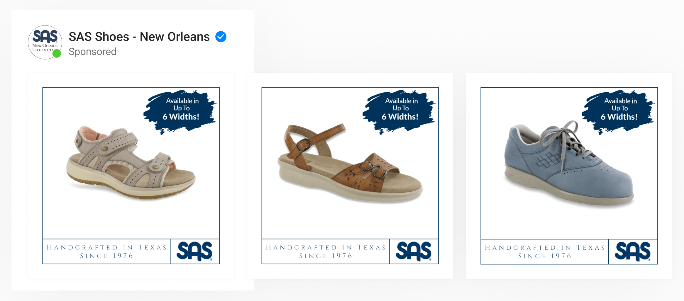 A dynamic catalog ad by shoe brand SAS Nola using product images with brand logo, product price & BNPL offers