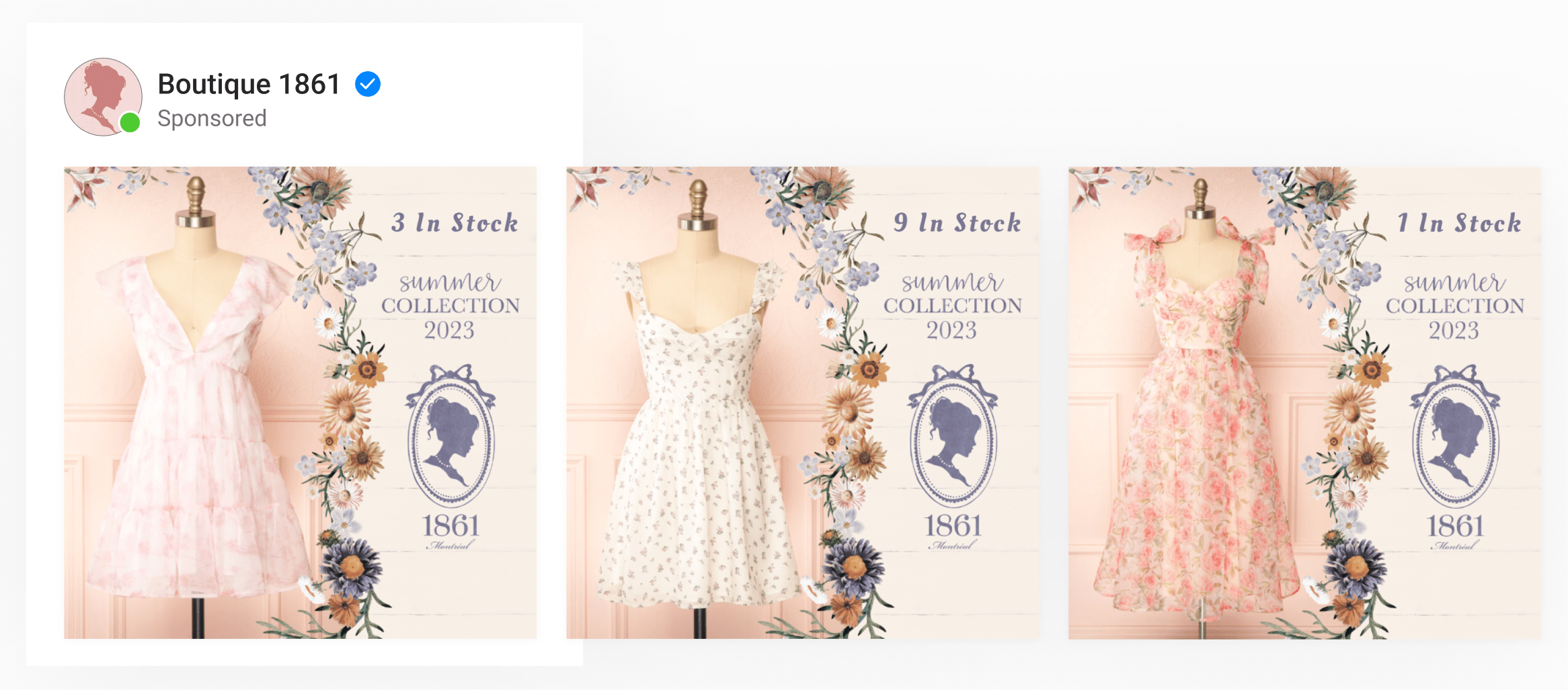 A dynamic catalog ad by clothing boutique using summer-themed, floral frames with inventory automation overlaid