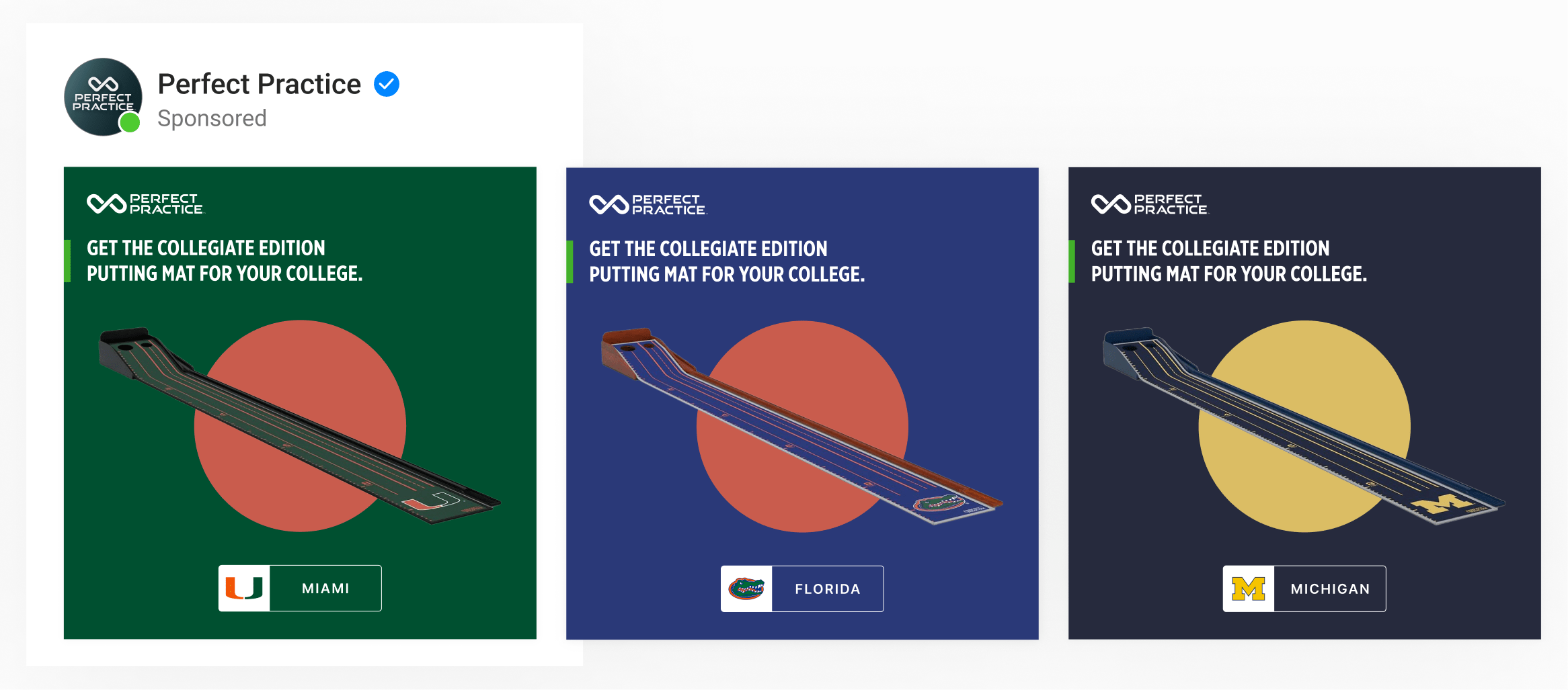 A dynamic ad by golf accessory brand Perfect Practice with removed backgrounds & college logo mapped for collegiate products.