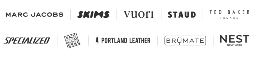 Logos of premium brands using Socioh - Marc Jacobs, Skims, Vuori, Staud, Ted Baker, Specialized, Rackroom, Portland Leather, Brumate, Nest New York
