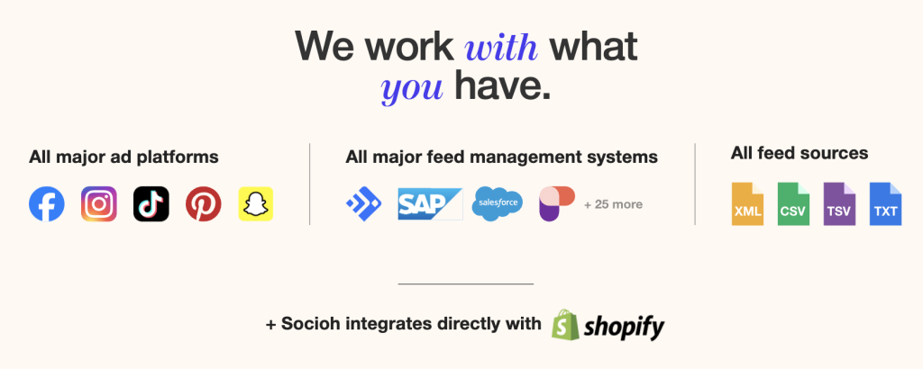 Socioh supports all feed sources and ad platforms